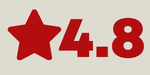 4.8 star rating out of 5 in red writing with tan background