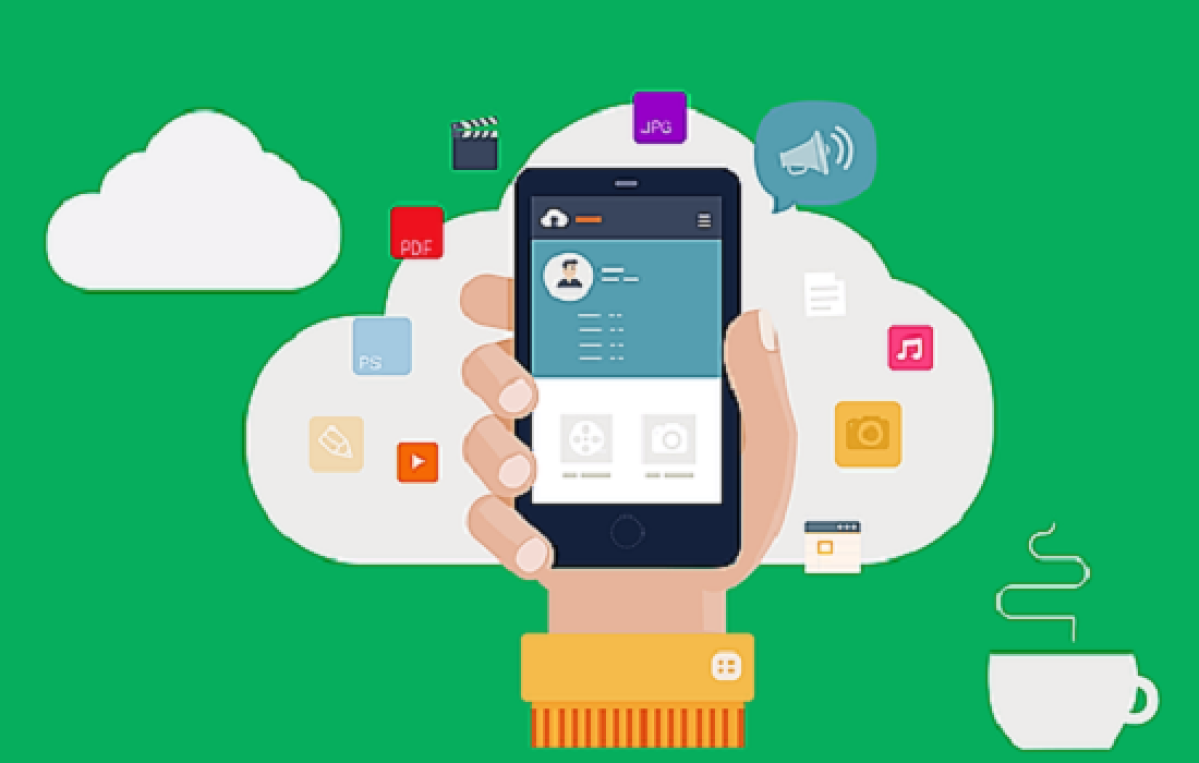 Graphic of hand with smartphone on a background of cloud and apps logos.