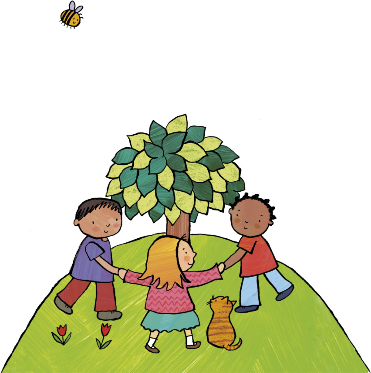 Illustration of children dancing round a tree