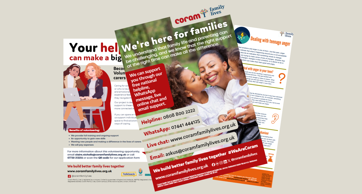 Tan background with coram family lives leaflets